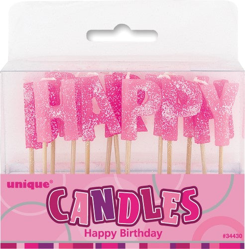 Glitz Pink Glitter Happy Birthday Candles Set