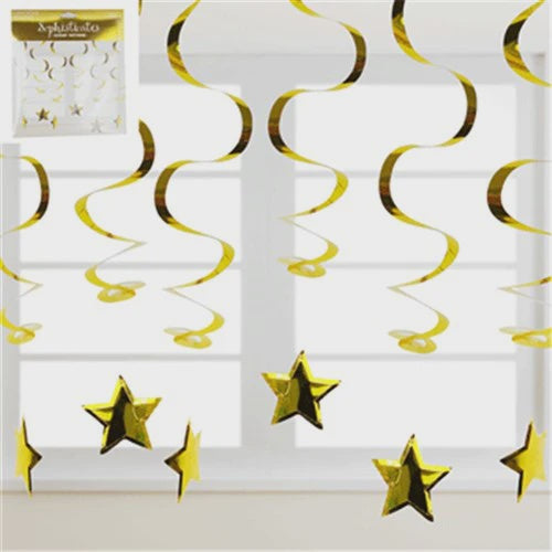 6PK METALLIC GOLD SWIRL HANGING DECORATION W/STAR