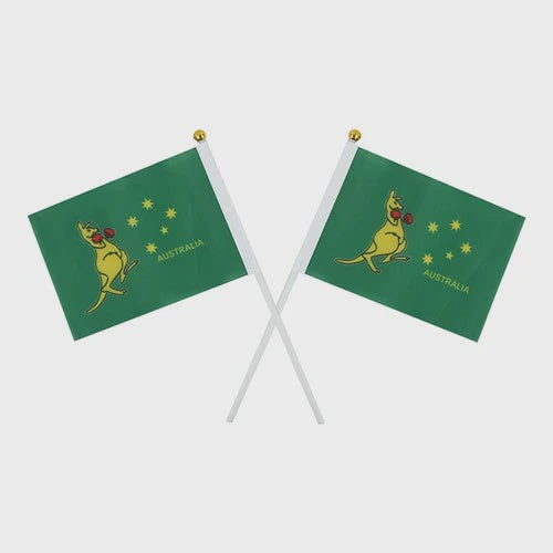 10PK Boxing Kangaroo Flags 10x15cm – Polyester Flags with Plastic Handles – Perfect for Sports Events, Parties, and Fan Gear