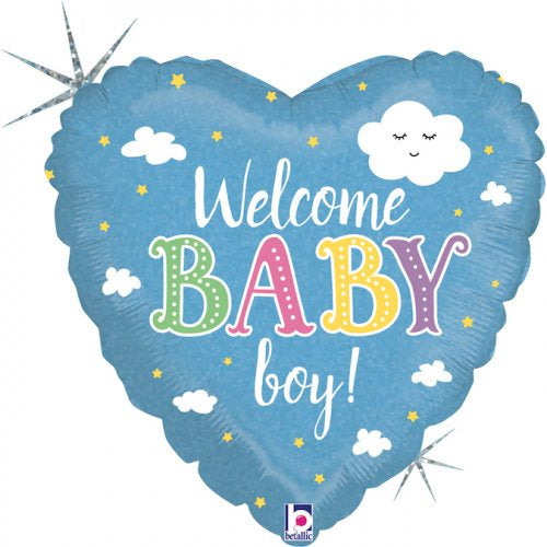 Welcome Baby Boy Holographic 18Inch Heart Foil Balloon