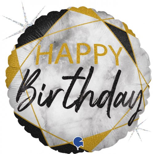 Marble Black Happy Birthday 18inch Round Foil Balloon
