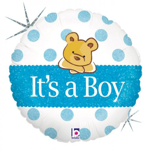 Baby Boy Big Heart Bear Holographic 18inch Round Foil Balloon