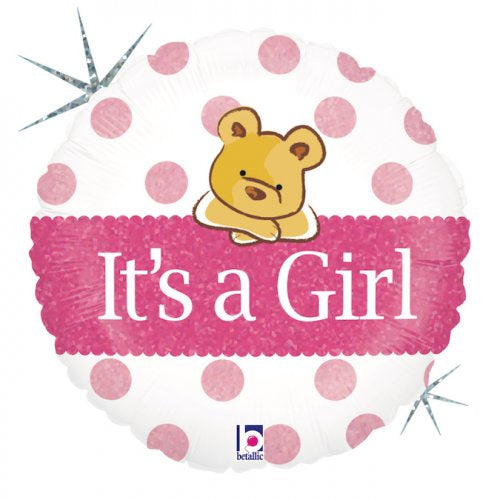 Baby Girl Big Heart Bear Holographic 18inch Round Foil Balloon