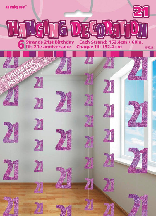 Glitz Pink 21st Birthday Hanging Decorations 1.5m Pack of 6