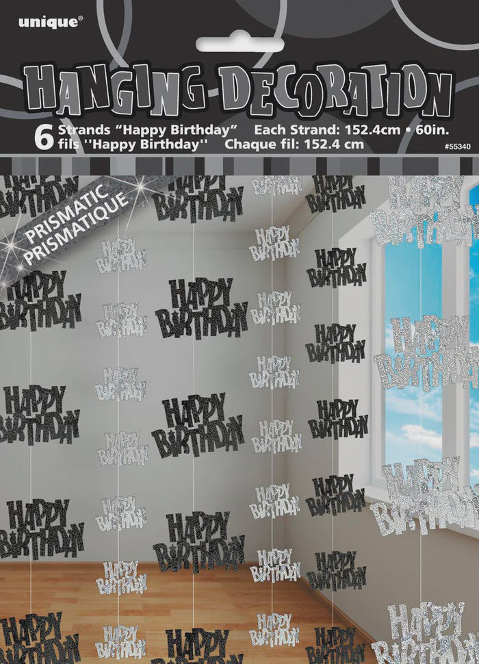 Glitz Black And Silver 6 Hanging Decorations Happy Birthday 1.5m