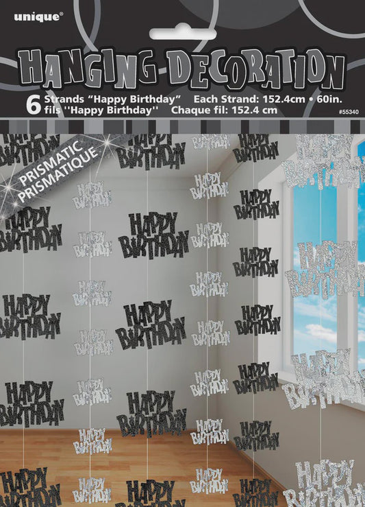 Glitz Black And Silver 6 Hanging Decorations Happy Birthday 1.5m