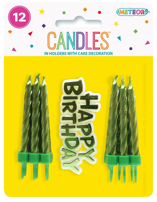 12 Candles In Holders With Cake Decoration - Lime Green