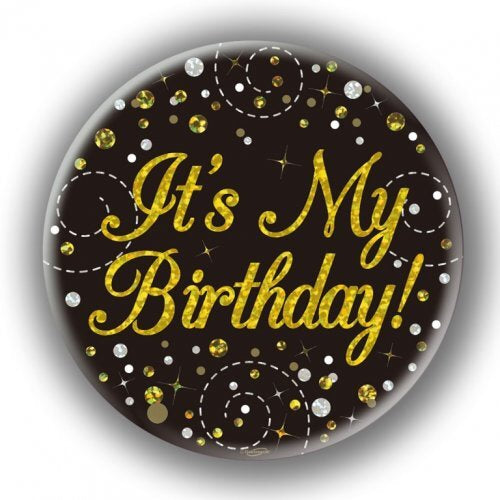 Badge 75mm Fizz Happy Birthday Black And Gold