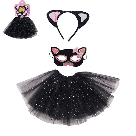 3PC Instant Cat Kit Headband Mask Tutu Black Pink
