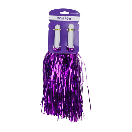 2 Pack Metallic Pom Poms – Purple Cheerleading & Dance Pom Poms with Plastic Handles