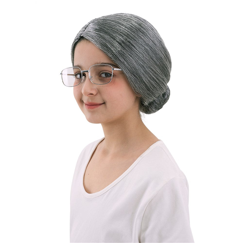 Grey Old Lady Bun Fancy Dress Wig