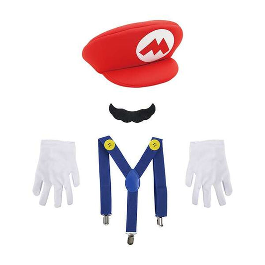 5PC KIDS MARIO DRESS UP KIT-HAT, MOUSTACHE, BUTTON, SUSPENDER, GLOVES