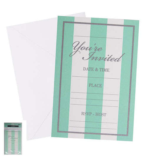 6 MINT STRIPED INVITES W/ENVELOPES-17X11.5CM