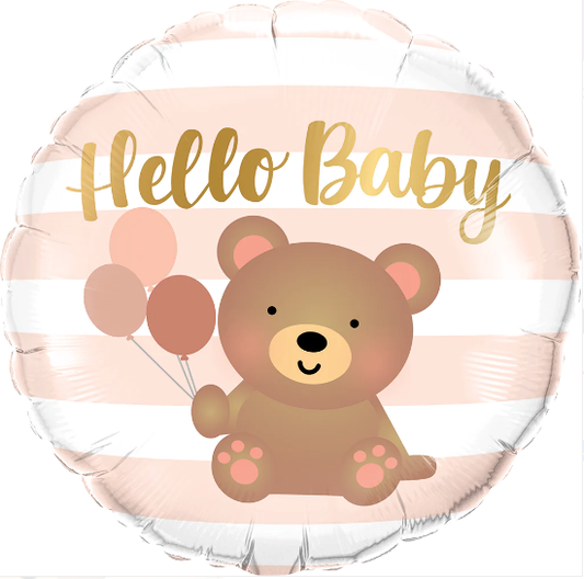 18" Round Foil Print Hello Baby Bear & Balloons