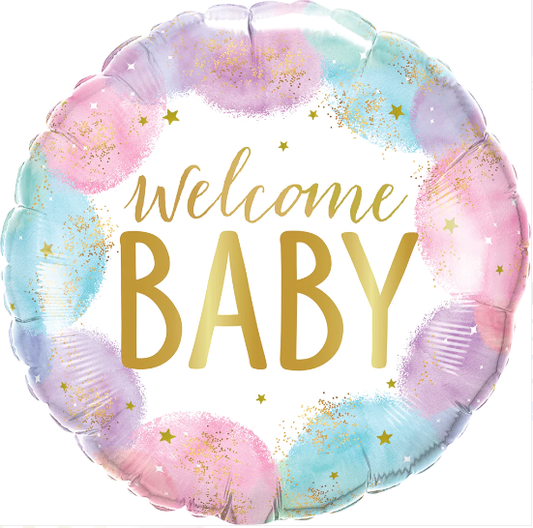 18" Round Foil Print Welcome Baby Watercolor