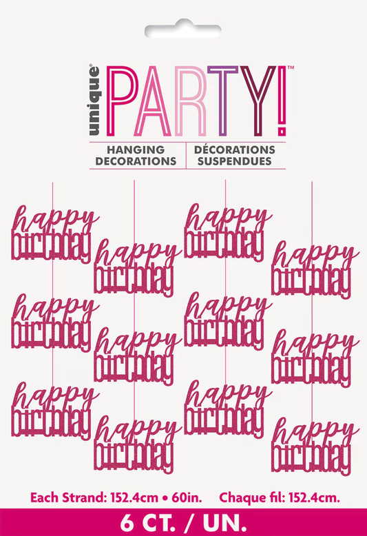 Glitz Pink 6 Hanging Decorations 1.5m (5') - Happy Birthday