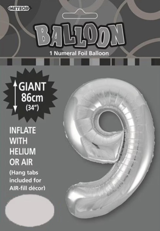 Large Foil Number Balloon 34"(86cm) Silver 9