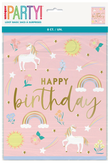 Dainty Unicorn Happy Birthday 8 Loot Bags 22.5cm H x 18cm W (9" x 7.25")