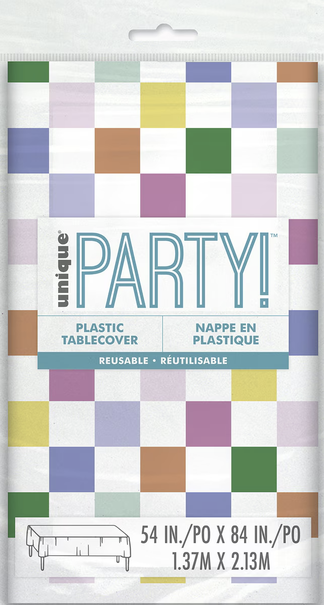 Cute Birthday Check Tablecover – 54" x 84" Plastic Table Cover for Parties – Reusable & Disposable – Colorful Printed Checkered Birthday Design – Tablecloth for Kids & Adults