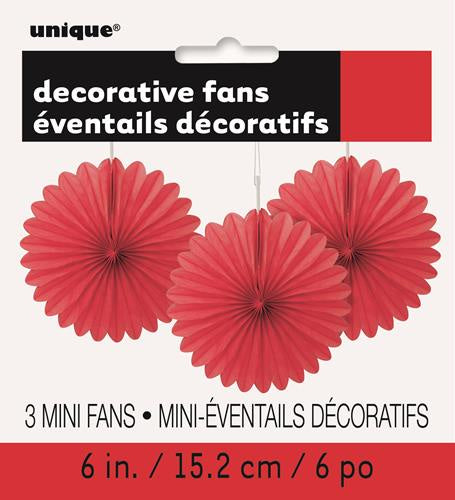 3 Mini Decorative Fan Tissue Paper Red 15cm