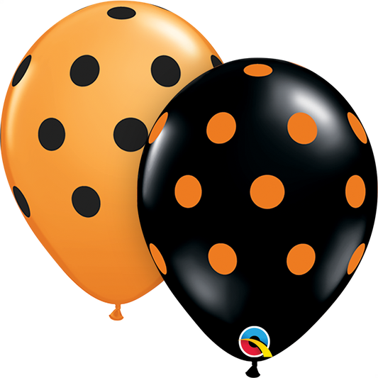 11"(28cm) Latex Balloon Print Orange & Black Big Polka Dots Pack Of 50