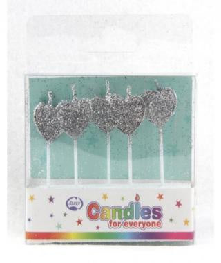 HEARTS GLITTER SILVER CANDLES PACK OF 5