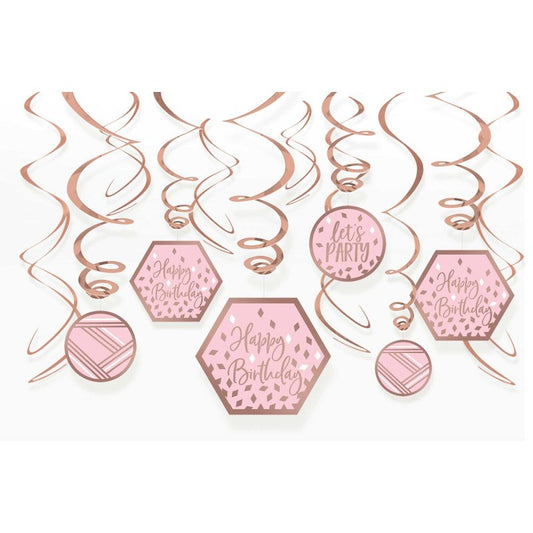 Blush Birthday Swirl Decorations Pack Of 12