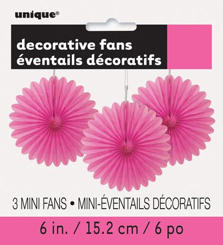 3 MINI DECORATIVE FAN TISSUE PAPER HOT PINK(MAGENTA) 15CM