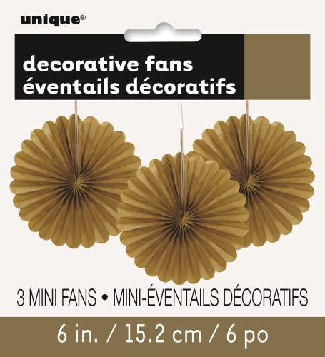 3 Mini Decorative Fan Tissue Paper Gold 15cm