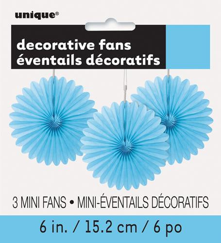 3 Mini Decorative Fan Tissue Paper Light Blue 15cm
