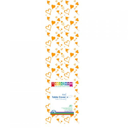 PLASTIC TABLECOVER ROLL GOLD HEARTS PRINTED CLEAR