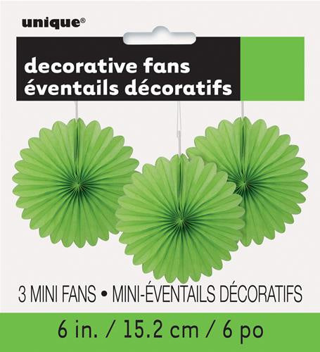 3 Mini Decorative Fan Tissue Paper Lime Green 15cm