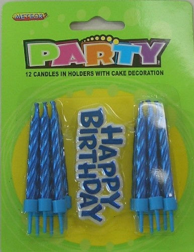 BLUE BIRTHDAY CANDLES PACK OF 12 AND PLASTIC HAPPY BIRTHDAY CAKE TOPPER