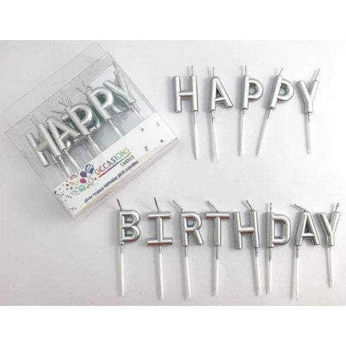 Happy Birthday Pick Candles Metallic Silver