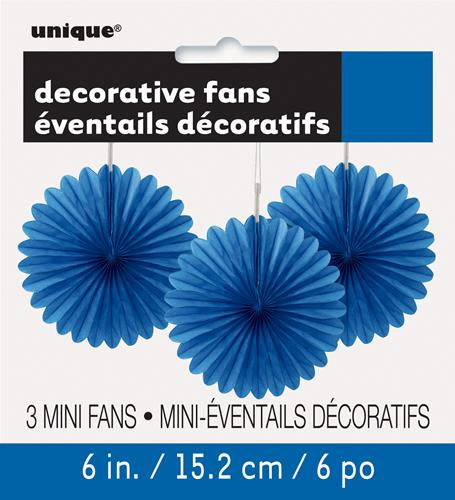 3 Mini Decorative Fan Tissue Paper Royal Blue 15cm