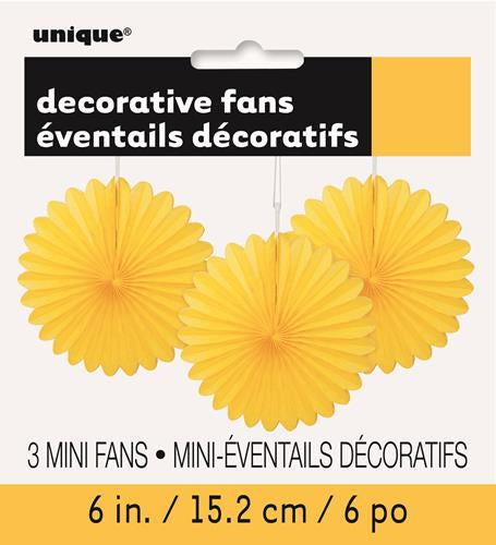 3 MINI DECORATIVE FAN TISSUE PAPER YELLOW 15CM
