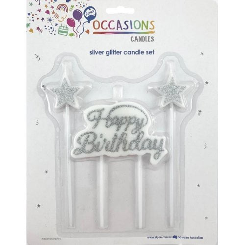 Happy Birthday Candle Plaque +Stars Glitter Silver 1 Set