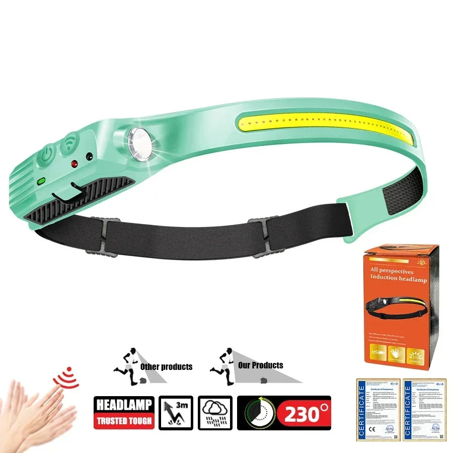 COB LED Headlamp Induction Head Lamp Built-in Battery USB Rechargeable Head Flashlight Outdoor Camping Fishing Sensor Headlight