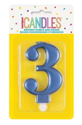 METALLIC BLUE BIRTHDAY CANDLE - NUMBER 3