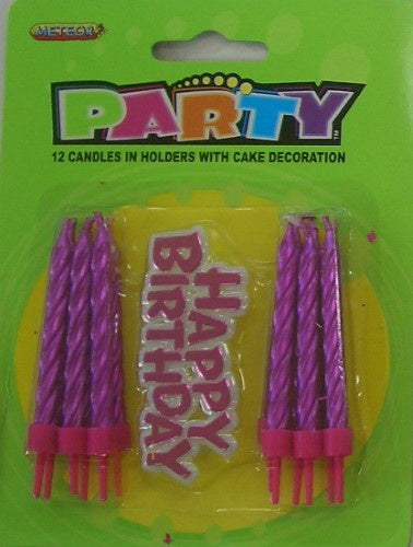 Pink Birthday Candles Pack Of 12 And Plastic Happy Birthday Cake Topper