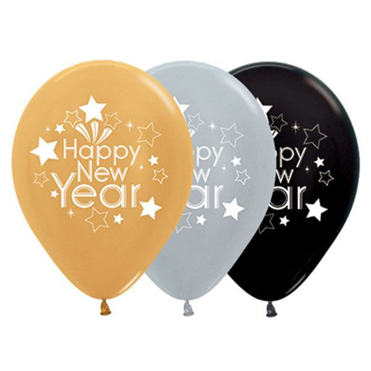 Happy New Year Metallic Assorted Latex Balloons 30cm Pack Of 25