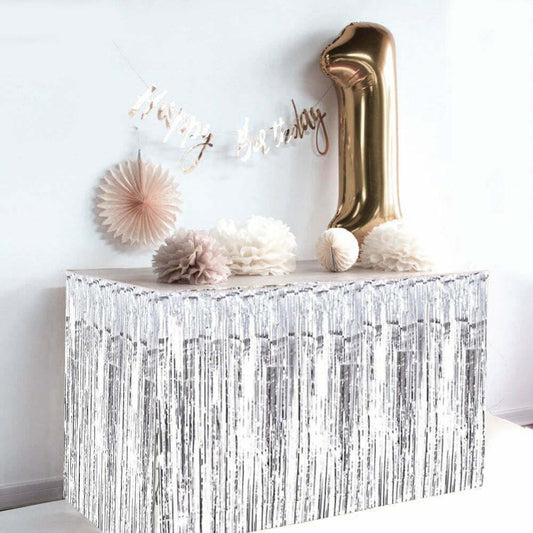 Silver Metallic Fringe Table Skirt 2.75m x 75cm