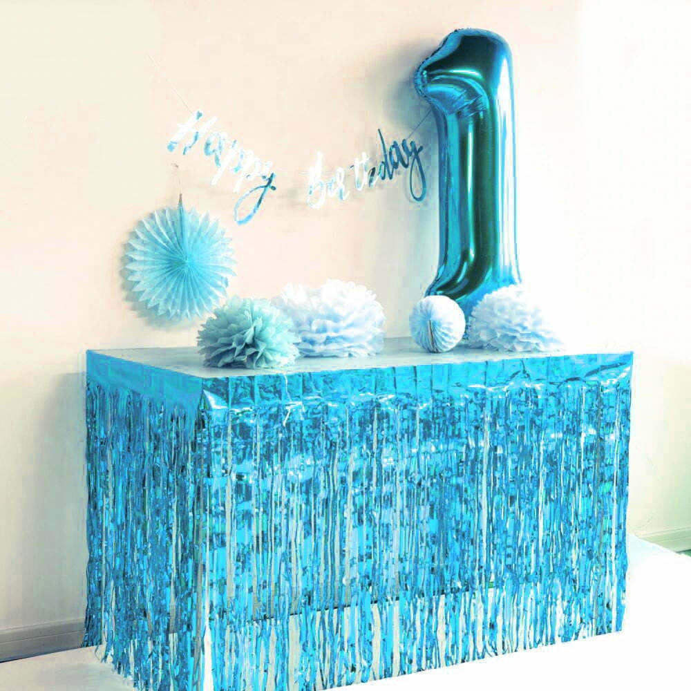 Light Blue Metallic Fringe Table Skirt 2.75m x 75cm